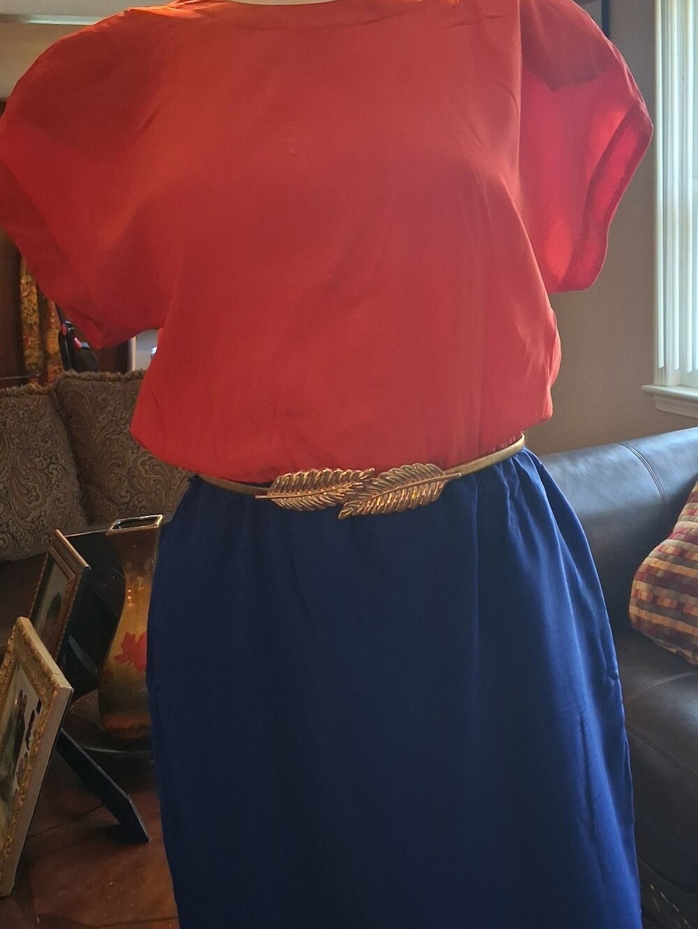 1980s Silhouette Red and Royal Blue Colorblock Midi Skirt. Belt Not Included